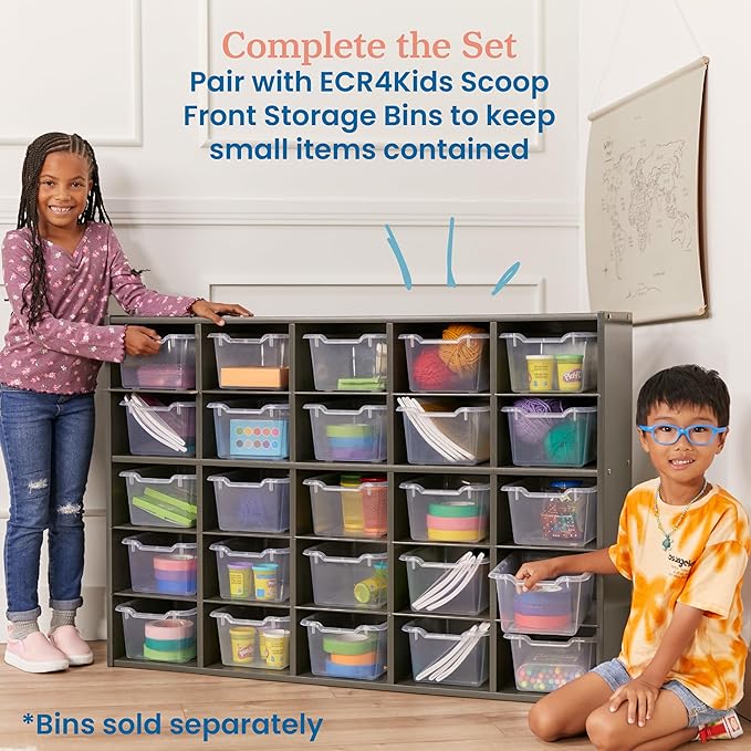 ECR4Kids Streamline 25 Cubby Tray Storage Cabinet, 5x5, Classroom Furniture, Grey Wash