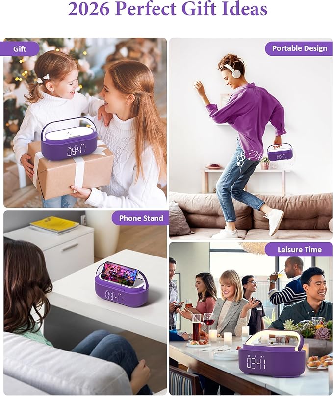 COLSUR Bluetooth Speaker Alarm Clock with Wireless Charger, FM Radio, Adjustable LED Night Light, 6 in 1 Bedroom Portable Speaker 2500mAh, Phone Stand for Bedside, Home, Office, Gift (Purple)