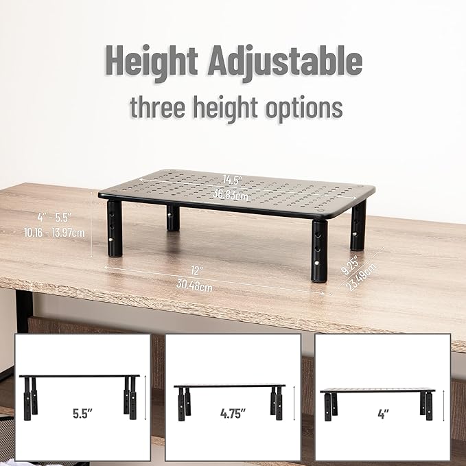 Mind Reader Monitor Stand, Height Adjustable, Ventilated Laptop Riser, Metal, 14.5"L x 9.25"W x 4-5.5"H, Set of 2, Black