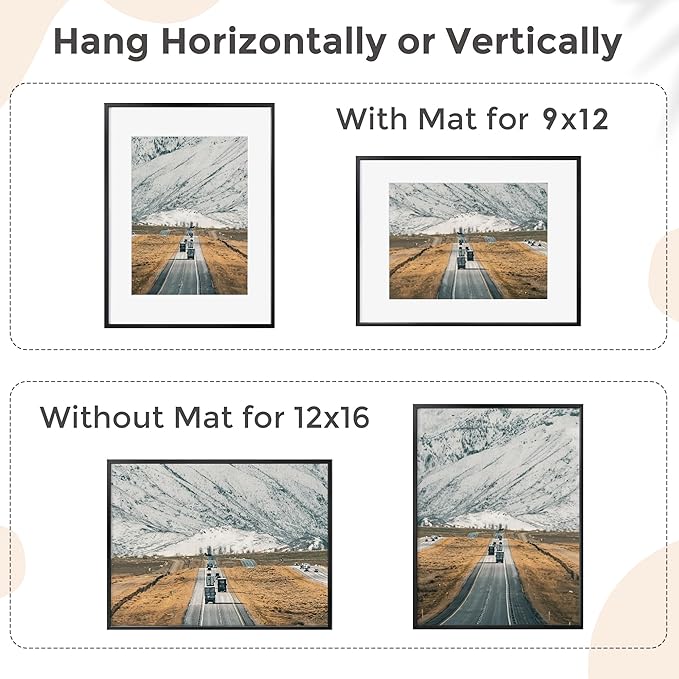 12x16 Metal Picture Frame For Wall With Mat For 9x12, 12''x16'' Aluminum Certificate Document Frames With Tempered Glass, Minimalist Modern Poster Frame Horizontally And Vertically, Black