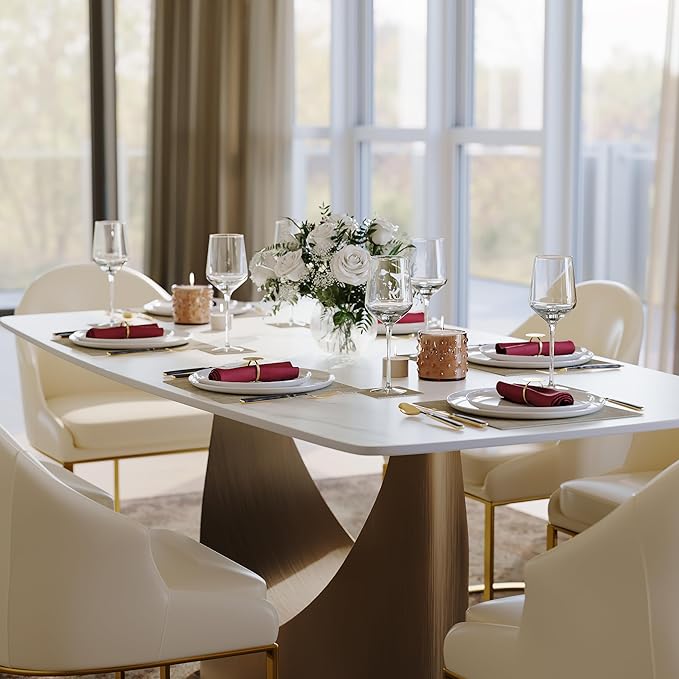 POVISON 71" Hobart Modern Dining Table for 6-8, Matte White Dining Table Sintered Stone Dining Tabletop with Bronze Carbon Steel Pedestal for Dining Room (Table Only)