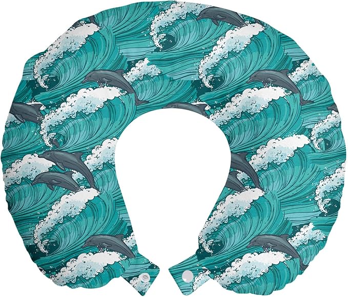 Ambesonne Sea Animals Travel Pillow Neck Rest, Wavy Ocean with Dolphins Windy Surfing Doodle Style Art Print, Memory Foam Traveling Accessory for Airplane and Car, 12", Charcoal