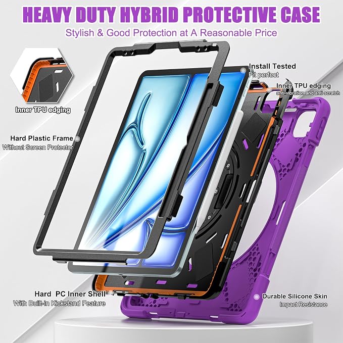 Batianda VortiGrip Case for iPad Air 11 M2/M3/M4 2024-2026 Colorful Blue | Heavy Duty Triple-Layer Rugged Case with 360° Rotating Hand Strap Foldable Hidden Stand Shoulder Strap and Pencil Holder