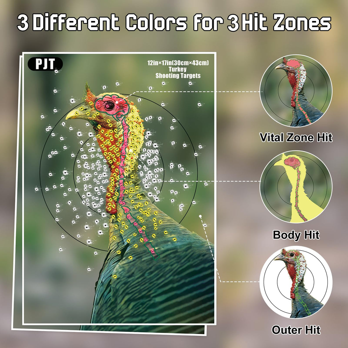 PJT 12 Pack Turkey Targets for Shotgun Patterning, 12"x17" Fluorescent Splatter Turkey Target with Head & Neck Kill Zone for 30–50 Yard Pattern Testing