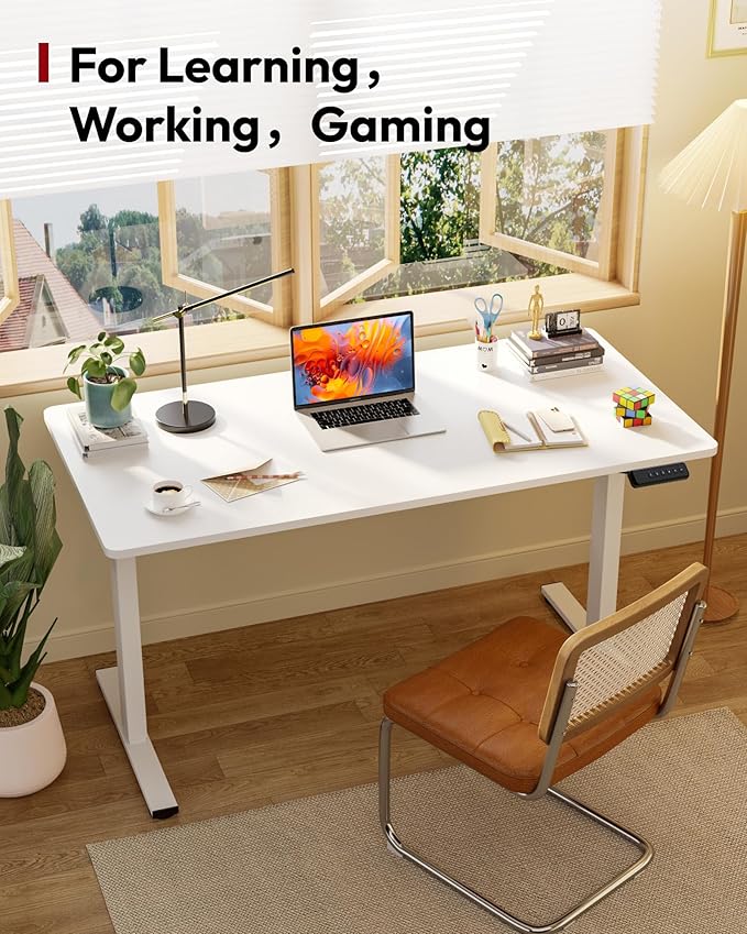 SANODESK Electric Standing Desk 40 x 24 Inches Whole-Piece Desktop Height Adjustable Stand Up Desk w/6-Button Controller Ergonomic Computer Desk for Home Office, White Frame + White Tabletop