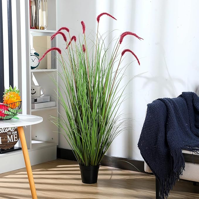 Jexine 4 Pieces Faux Plants Outdoor 4 ft Tall Artificial Grass Plant Potted Artificial Setaria Grass Faux Greenery Floor Plants for Housewarming Gift House Garden Lobby Outdoor (Purple)