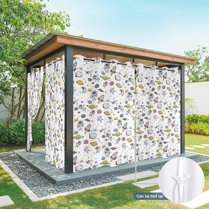 Cartoon Space Outdoor Curtains for Patio Astronauts Spacecraft Rockets