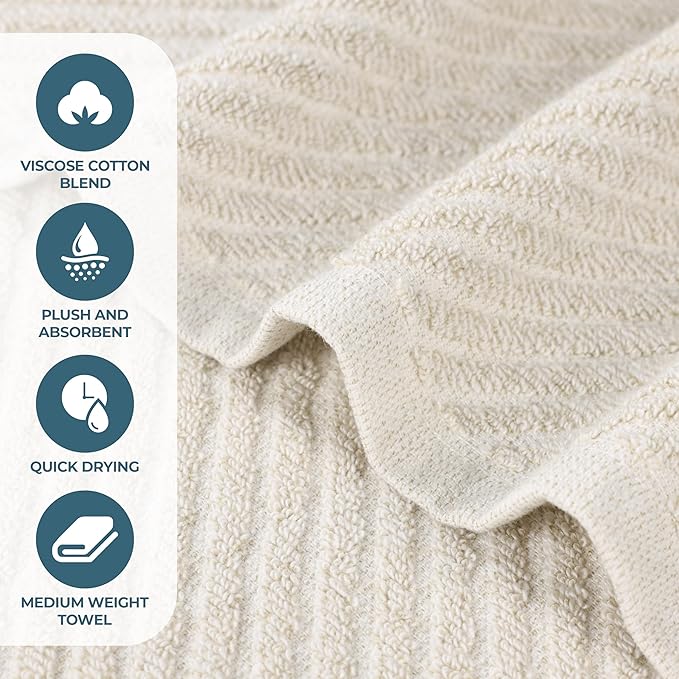 Superior Amelia Viscose Cotton Blend Medium Weight Small Towels, for Kitchen, Bathroom, Shower, Spa, Plush, Quick Dry, Ultra-Soft Essentials, Ribbed Design, Face Towels Washcloths, Set of 12, Beige