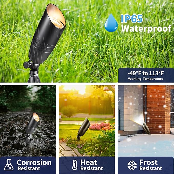 Landscape Spotlights Low Voltage - Brass 12V Outdoor Uplight LED, Wired Spot Lights IP65 Waterproof, Bright Metal Black for Exterior Garden Yard Tree House Without MR16 Bulb