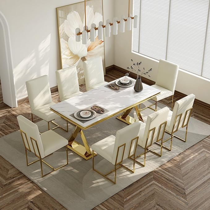 AUZ Dining Chairs Set of 8, White Faux Leather Dining Room Chairs with Gold Stainless Steel Sled Legs