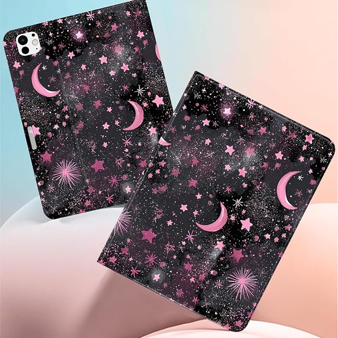 Stylish Case for iPad 9th/8th/7th Generation 10.2 2021/2020/2019Art Pink Starry Sky Textured Folio Case with Pencil Holder Multi-Angle View Adjustable Stand Auto Wake/Sleep Cover for Women
