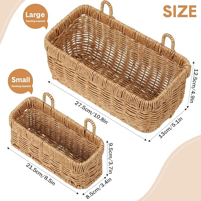 Tioncy 2 Pcs Woven Hanging Wall Baskets for Storage Boho Style Hanging Storage Plastic Woven Baskets with 4 Hooks for Kitchen Garden Living Room