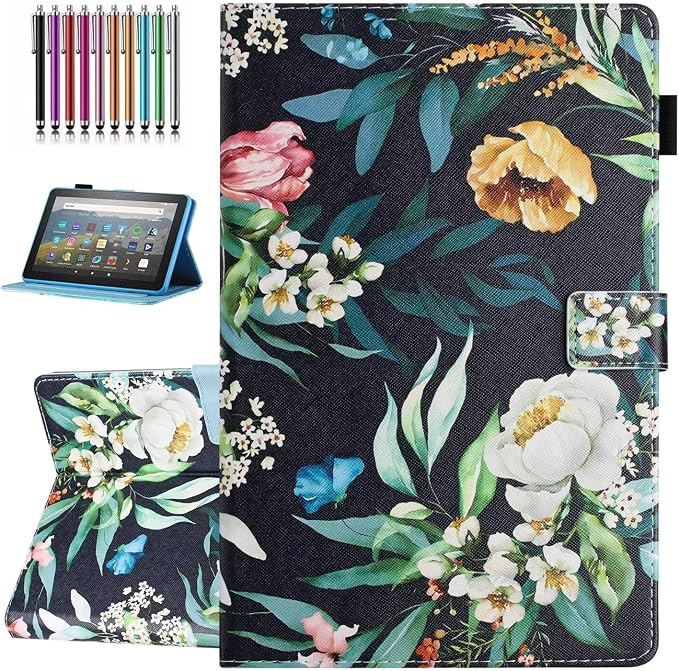 Case for Amazon Fire HD 8 &amp 8 Plus (12th/10th Generation 2024/2022/2020 Release) Pen Holder Premium PU Leather Stand Cover with Smart Auto Wake/Sleep Green Tress