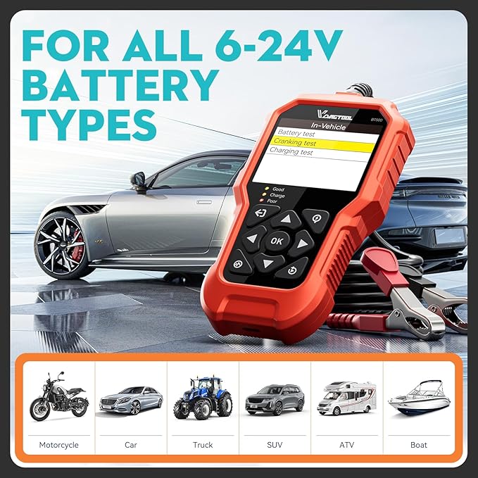 Car Battery Tester 6V 12V 24V VDIAGTOOL BT500, 5-3000 CCA Battery Load Tester, Starter Alternator Tester Automotive Charging Cranking System Analyzer for Car Truck Motorcycle SUV ATV Boat