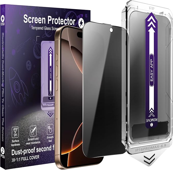 2 Pack Privacy Screen Protector for iPhone 16 Pro Max 25° Anti-Spy Tempered Glass 9H Hardness Anti-Fingerprint Auto-Alignment Bubble-Free Case Friendly