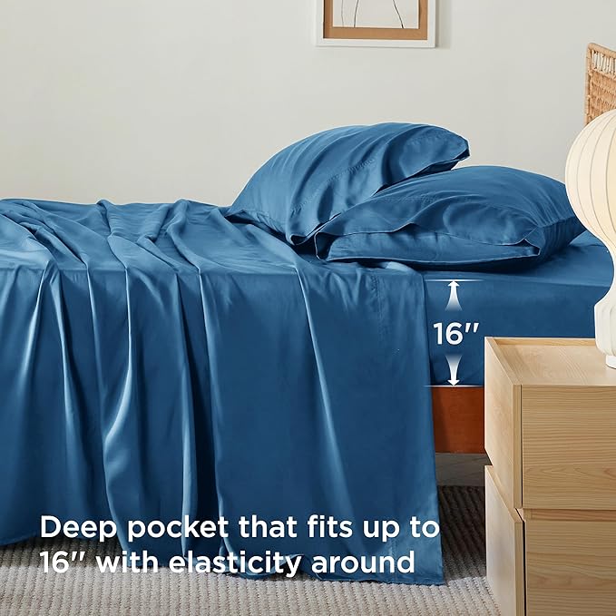 Bedsure Queen Sheet Set, Rayon Derived from Bamboo, Cooling Sheets, Deep Pocket Up to 16", Breathable & Soft, Hotel Luxury Silky Bedding for Hot Sleepers, Teal