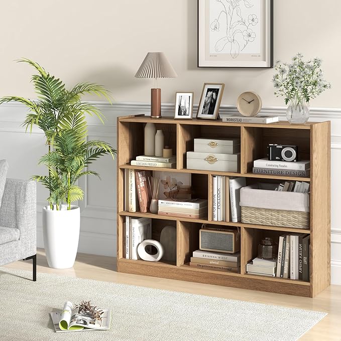 Tangkula 8-Cube Bookcase, Wood 3 Tier Open Storage Bookshelf, Modern Multipurpose Display Cabinet for Living Room, Study, Reading Nook, 48 x 12.5 x 36.5 Inch, Natural