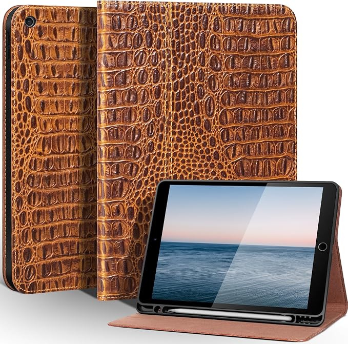 Leather Case for iPad 10.2 Inch9th/8th/7th Gen 2021/2020/2019 | Genuine Top Grain LeatherSmart Folio Pencil HolderAuto Sleep/WakeProtective ShockproofAdjustable StandSilver Black