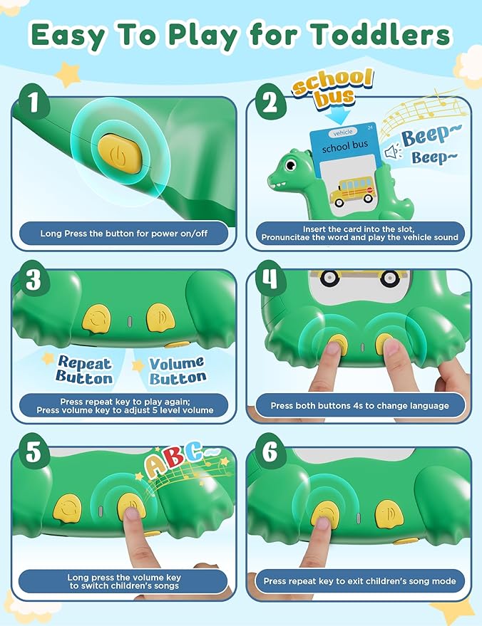 Talking Flash Cards for Toddlers with 510 Sight Words, Dinosaur Shaped Pocket Speech English Learning Toys Easter Gifts for Kids, Educational & Autism Toys for Speech Therapy