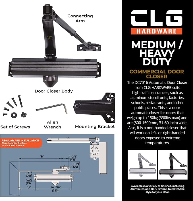 CLG HARDWARE Medium/Heavy Duty Commercial Door Closer DC7016 - Surface Mounted, Grade 1- ADA & UL 3 Hour Fire Rated, Adjustable Size 1-6 for Entrances & Aluminum Storefronts - US10B Dark Bronze