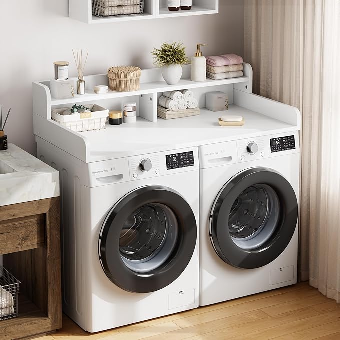 Garvee 54" Washer Dryer Countertop with 2-Tier Shelf, Wooden Laundry Countertop with Non-Slip Pad and Guard Rails, Washer and Dryer Topper for Laundry Room Organization