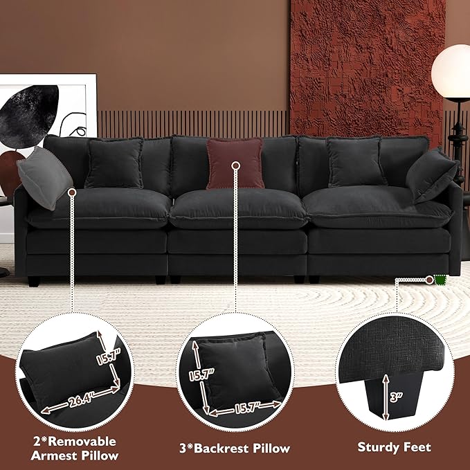 Ihanherry 111.4 Inch 3-Seater Cloud Sofa, Modular Sectional Couch, Modern Deep Seat Sofa for Living Room, Comfy Double Layer Upholstered Seat Cushion, Breathable Chenille Fabric, Black