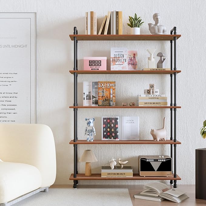 Industrial Bookshelf, 5-Tier Pipe Shelf, Wall Mounted Bookcase for Home and Office (Weathered Brown, 48" L x 11.8" W x 70" H)