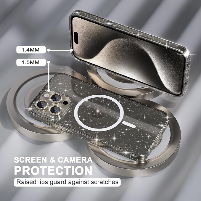Choiche for iPhone 15 Pro Max Case Compatible with MagSafe Glitter Black | Women Girly Cute Glitter Sparkly Magnetic Phone Case with Diamond Camera Lens Protectors Military-Grade Drop Protection 6.7