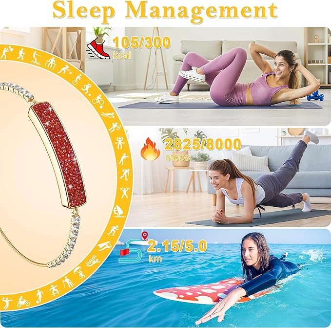Smart Bracelet for Women, Jewelry Fitness Tracker with 2 Bands, Heart Rate & SPO₂ Monitor, Stress & Sleep Tracking, Step & Calorie Counter, 5ATM Waterproof for iOS & Android, No Subscription, Red