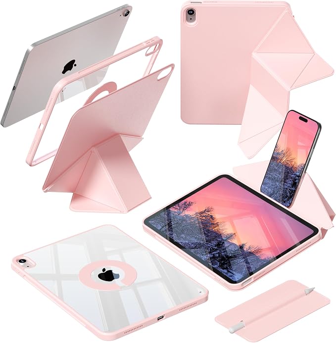 kenke Case for iPad Air 11'' M4/M3/M2 Air 10.9'' 5th/4th Gen Black | Detachable Rotating 360° Magnetic Clear Back Multi-folding Stand Cover Pencil Holder Auto Wake/Sleep Touch ID