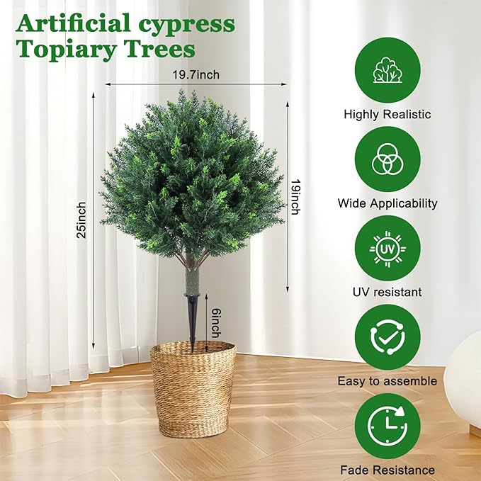2-Pack Artificial Cypress Topiary Busges :Stake-in UV Resistant & Fade-Proof Topiary with PE Needles for Porch, Garden, Front Yard - Realistic Chartreuse, 25"