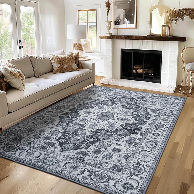 WILLSUN Washable Area Rugs, 3x5 Non-Slip Boho Large Area Rugs for Living Room, Bedroom, Machine Washable Vintage Rug, Indoor Floral Print Carpet for Home Decor, Kid & Pet Friendly Mat