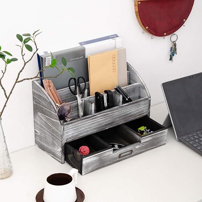 Distressed Rustic Wooden Office Desk Organizer 5 Compartment with 2 Drawer &Counter Desk Tabletop Desktop Mail Rack , Pens, Notebooks, Folders, Pencils and Office Supplies (grey)
