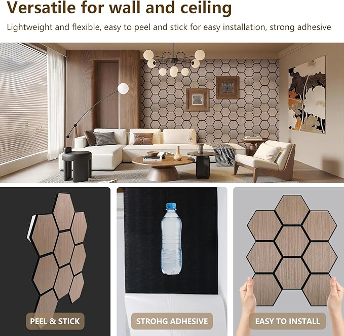 Hexagon Acoustic Wall Panels, Self-Adhesive Sound Absorbing Wall Panel by ARMURO, 4 Pack Covers 19.27 Sq Ft, Peel and Stick Noise Reducing for Home Office Studio Bedroom Wall Decor