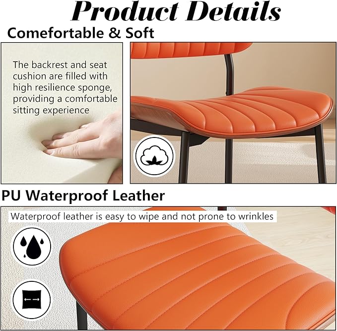 Modern PU Leather Dining Room Chairs Set of 6, Upholstered Kitchen Chairs with Walnut Bentwood Back and Metal Legs Adjustable Feet for Kitchen Dining Room(Orange)