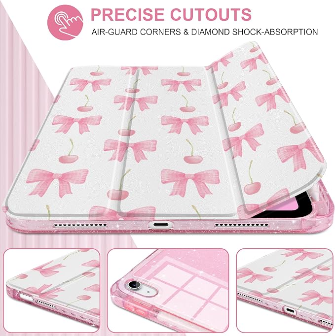 MEEgoodo Case for iPad A16 11th Generation 2025/10th Generation 2022 Glitter Tablet Cases with Transparent Acrylic Back+Trifold Stand +Pencil Holder+Auto Wake/SleepAbstract Sun &amp Palm Tree