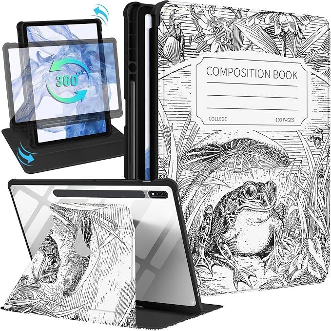 Wazzasoft for Samsung Galaxy Tab S7/S7 Plus/S8 Plus Case - 12.4 Inch Folio Cover with Pencil Holder - Women/Girl Cute Girly Black Flower Unique Design - Rotating Tablet Case