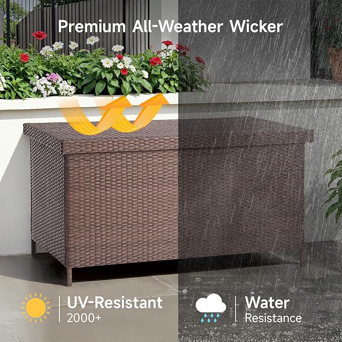 158 Gallon XL Deck Box with Lid, All Weather Wicker Outdoor Storage Box Waterproof, Large Outdoor Patio Storage Bin for Cushions, Garden Tools, Gears, Brown
