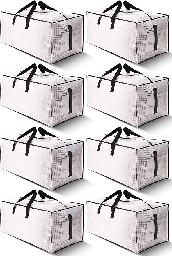 HOMESURE 8 Pack Large Strong Moving Bags with Zippers & Carrying Handles - Water-Resistant - Heavy Duty Storage Tote for Space Saving, Fold Flat, Alternative to Moving Box (Semi-Transparent)