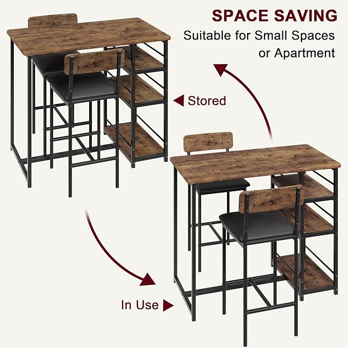 CABIHOME Dining Table Set for 2, Kitchen Table and Upholstered Chairs for 2, 3 Piece Counter Height Bar Table Set with 3 Large Storage Shelves for Small Space, Apartment, Studio, Rustic Brown
