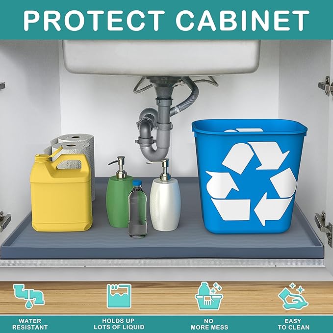 URMONA Waterproof Silicone Under Sink Mat 28'' x 22'' Shelf Liner for Kitchen and Bathroom, Cabinet and Counter Protector, Storage and Organizers, Litter Mat, Pet Cat Puppy Essentials(Green)