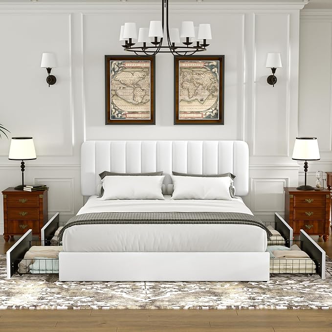 VECELO King Size Upholstered Bed Frame with 4 Drawers and Headboard, Velvet Platform Storage Bedframe, Wooden Slats Support, No Box Spring Needed,Snow-White