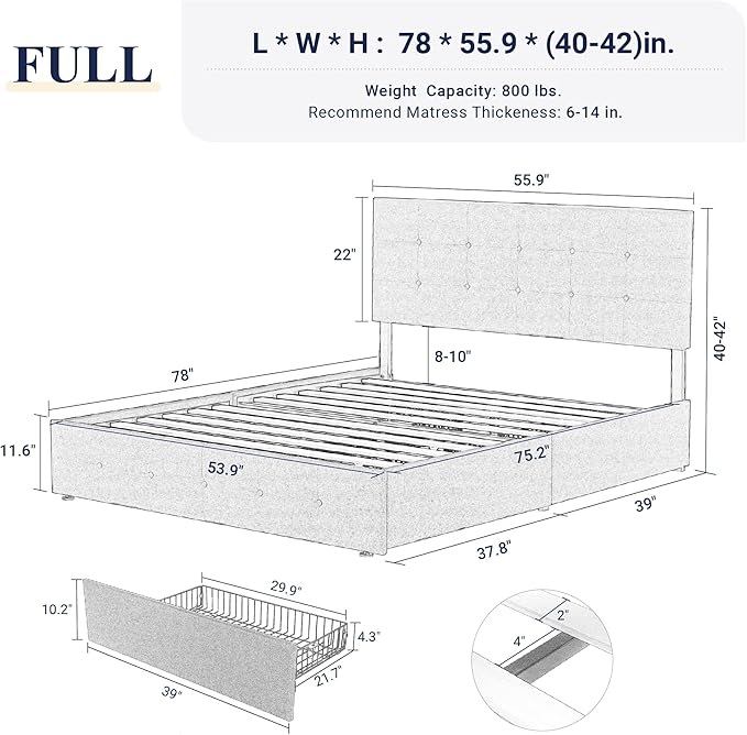 Allewie Upholstered Full Size Platform Bed Frame with 4 Storage Drawers and Headboard, Square Stitched Button Tufted, Mattress Foundation with Wooden Slats Support, No Box Spring Needed, Beige