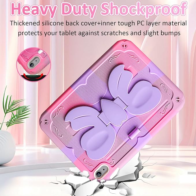 for iPad 10th Case 10.9 Inch for iPad A16 Case for Kids Girls Purple Pink | Built in Pencil Holder Stand Durable Rugged Heavy Duty Shockproof Protective Cover for iPad 10th Generation with Strap