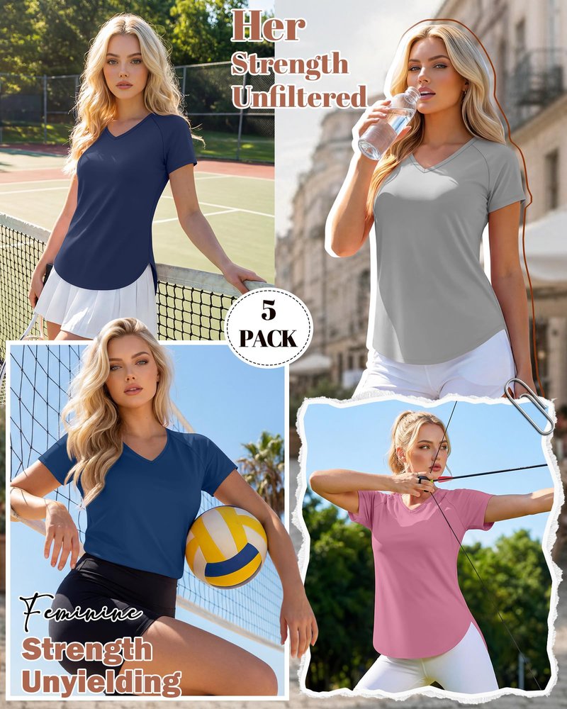 Sweetyweee 5 Pack Women Workout T-Shirts Quick Dry UPF 50+ Sun Protection Yoga Gym V Neck Raglan Tops Side Slits Curved Hem(Navy Blue, Light Gray, Denim Blue, Purple, Pink,X-Large)