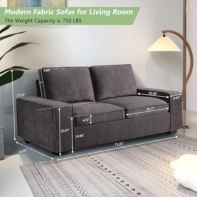 LEISLAND 71.25" Modern Sofas for Living Room, Small Sofas Couches for Small Spaces, Chenille Loveseat Couch with Solid Wood, Metal, Square Arm and Removable Cover/Easy to Install(Dark Grey)