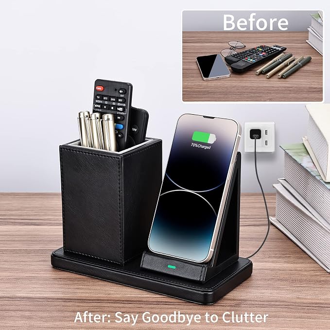 Wireless Charger with Desk Organizer Wireless Charging Station for iPhone 13/13 Pro Max/13 Pro/12 Series/11/XS Max/XR/X/8Plus/SE 2 Wireless Charging Stand with Leather… (Black)
