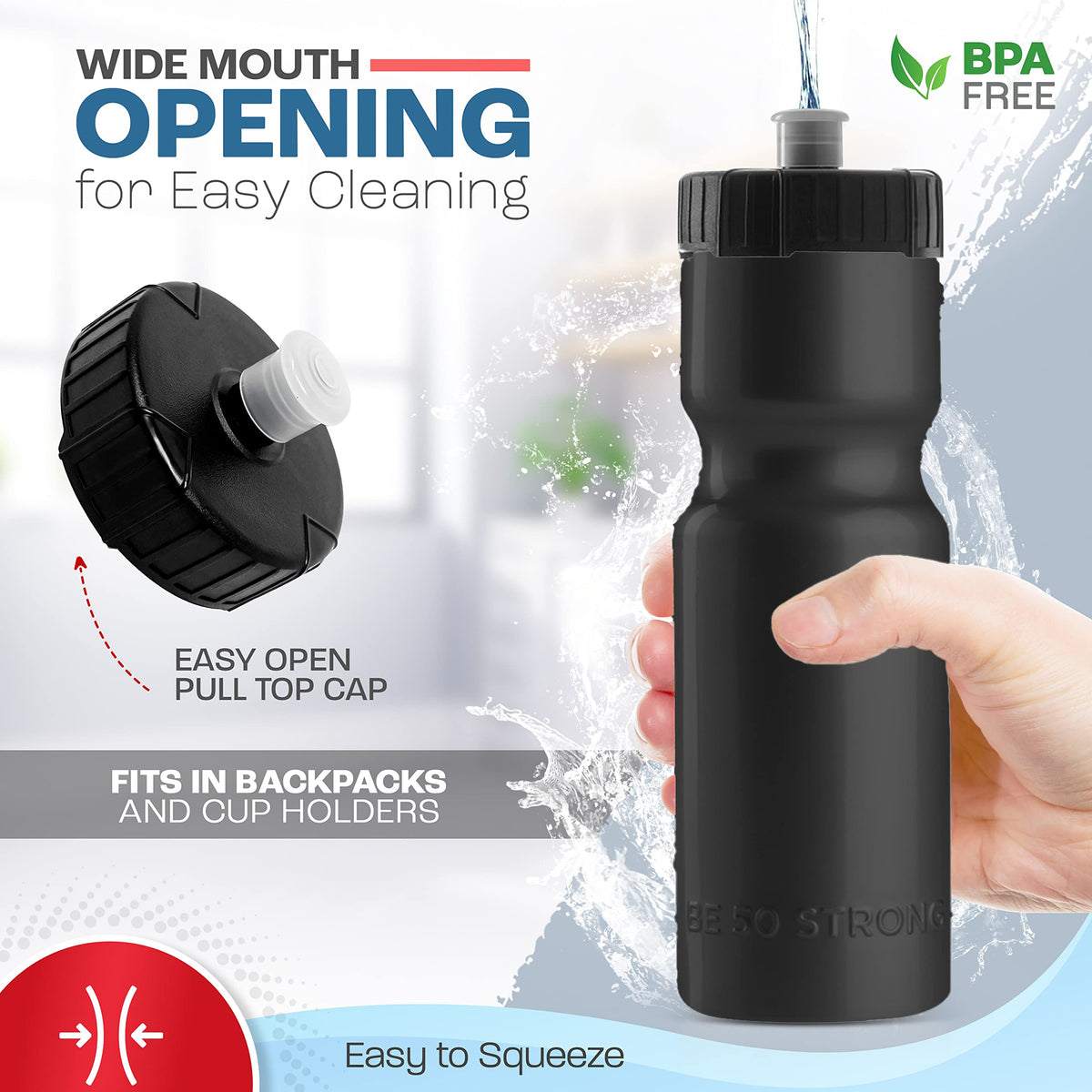 50 Strong | Sports & Bike Squeeze Water Bottles, 2-Pack, 22 oz, Black