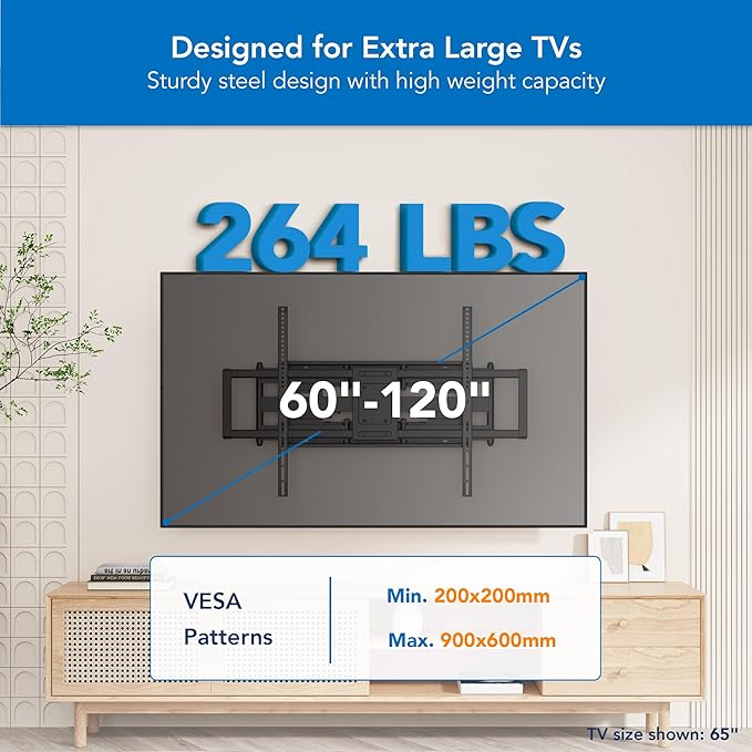 Mount-It! Heavy Duty XXL Full Motion TV Wall Mount for Extra Large TVs, max VESA 900x600, Holds up to 264lb, Swivel Tilt Extension Adjustable TV Mount for 60" 65" 75" 80" 85" 90" 98" 100" 115" 120 in