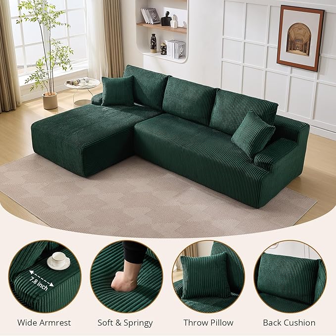 Sectional Cloud Couch for Living Room L Shaped Couch with 3 Seat Ind. Chaise Longue Corduroy Fabric Boneless Modular Modern Sofa with Pillows for Apartment and Small Space